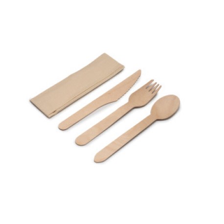 SET TENEDOR-CUCHILLO-CUCHARA MADERA + SERVILLETA (100ud)