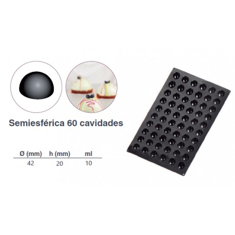 MOLDE SEMIESFERICA 60 CAVIDADES Ø 42 mm h: 20 mm 10 ml 600x400198 mm